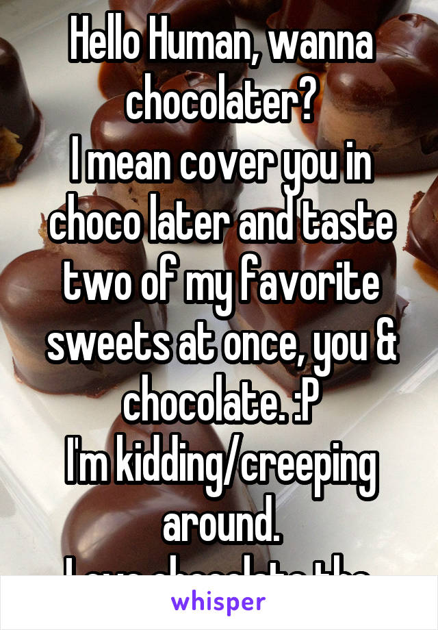 Hello Human, wanna chocolater?
I mean cover you in choco later and taste two of my favorite sweets at once, you & chocolate. :P
I'm kidding/creeping around.
Love chocolate tho.