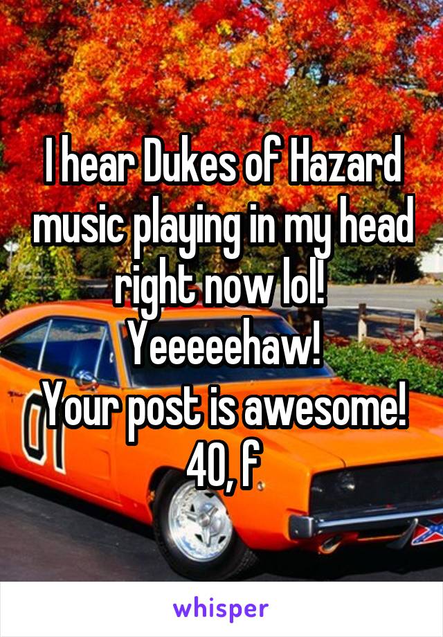 I hear Dukes of Hazard music playing in my head right now lol! 
Yeeeeehaw!
Your post is awesome!
40, f