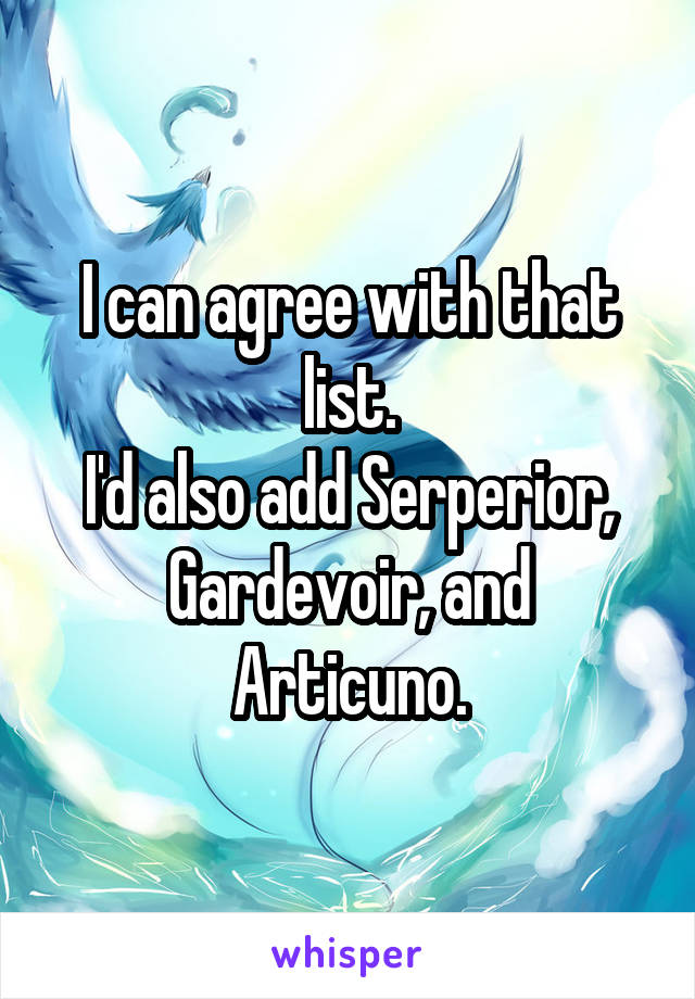 I can agree with that list.
I'd also add Serperior, Gardevoir, and Articuno.