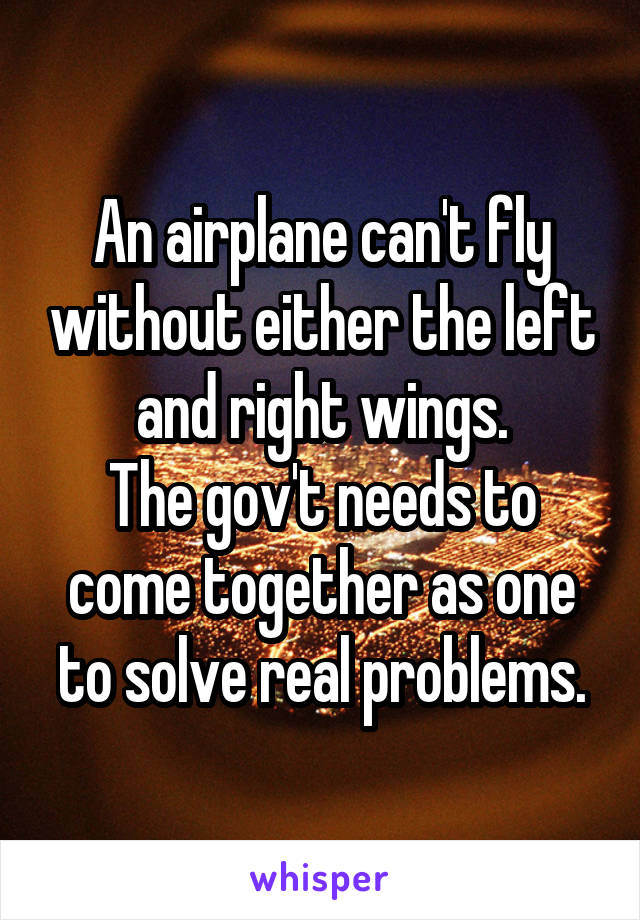 An airplane can't fly without either the left and right wings.
The gov't needs to come together as one to solve real problems.