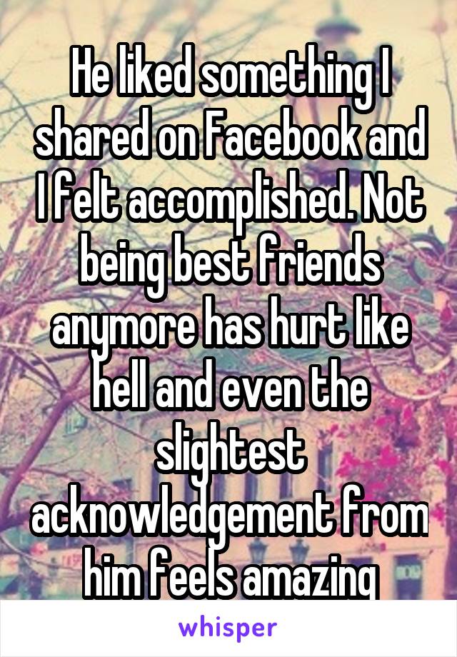 He liked something I shared on Facebook and I felt accomplished. Not being best friends anymore has hurt like hell and even the slightest acknowledgement from him feels amazing