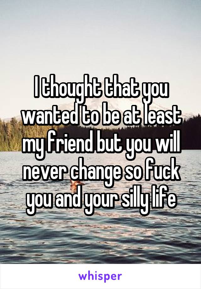 I thought that you wanted to be at least my friend but you will never change so fuck you and your silly life