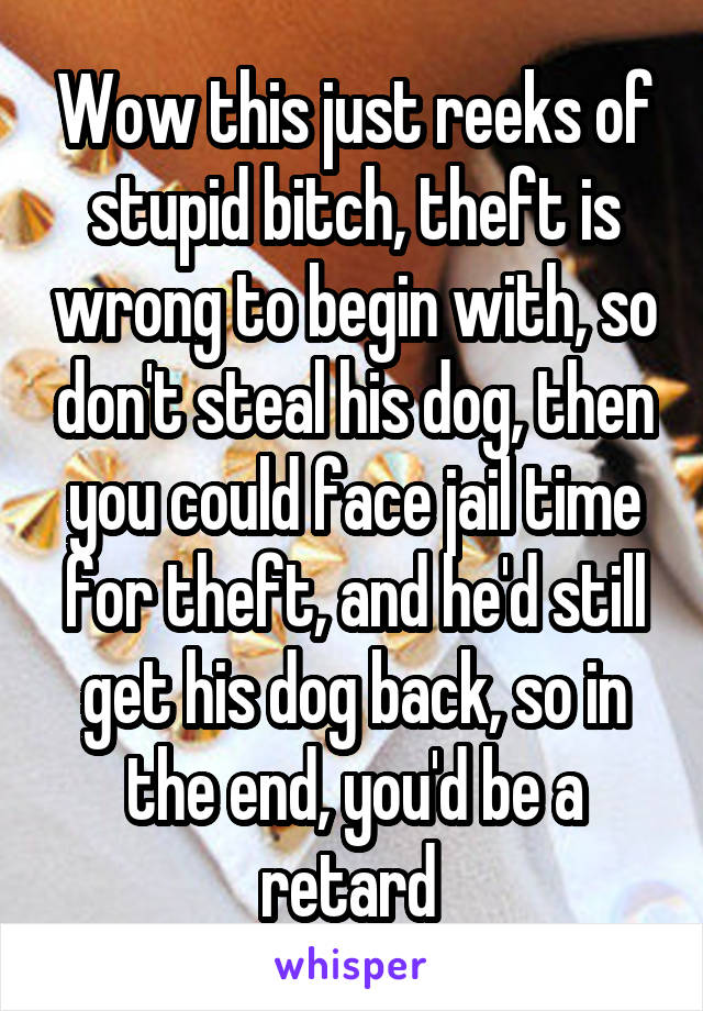 Wow this just reeks of stupid bitch, theft is wrong to begin with, so don't steal his dog, then you could face jail time for theft, and he'd still get his dog back, so in the end, you'd be a retard 