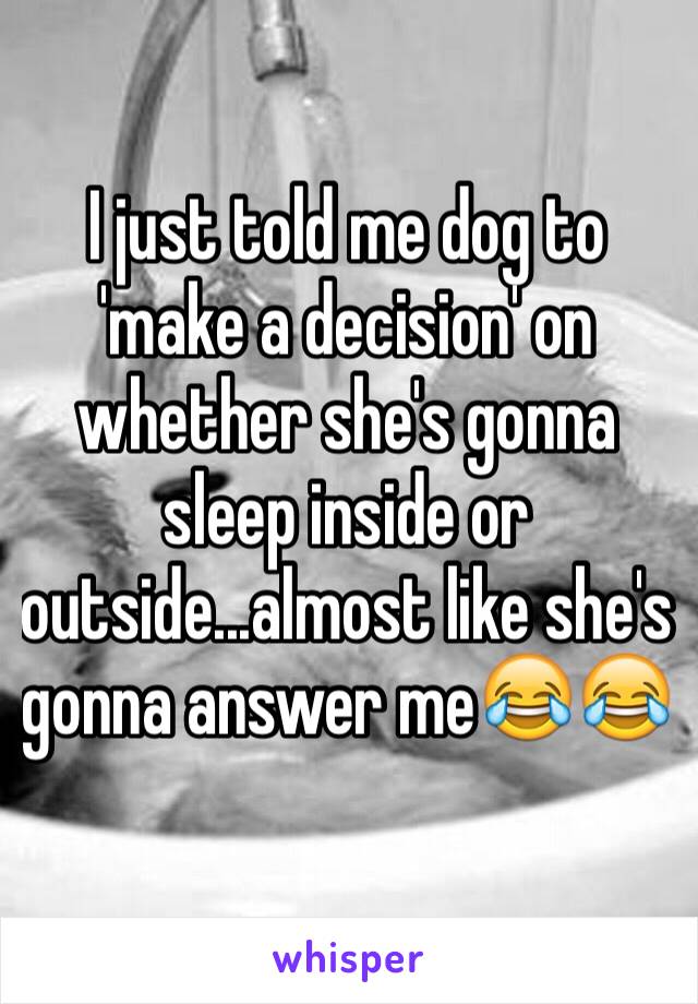 I just told me dog to 'make a decision' on whether she's gonna sleep inside or outside...almost like she's gonna answer me😂😂