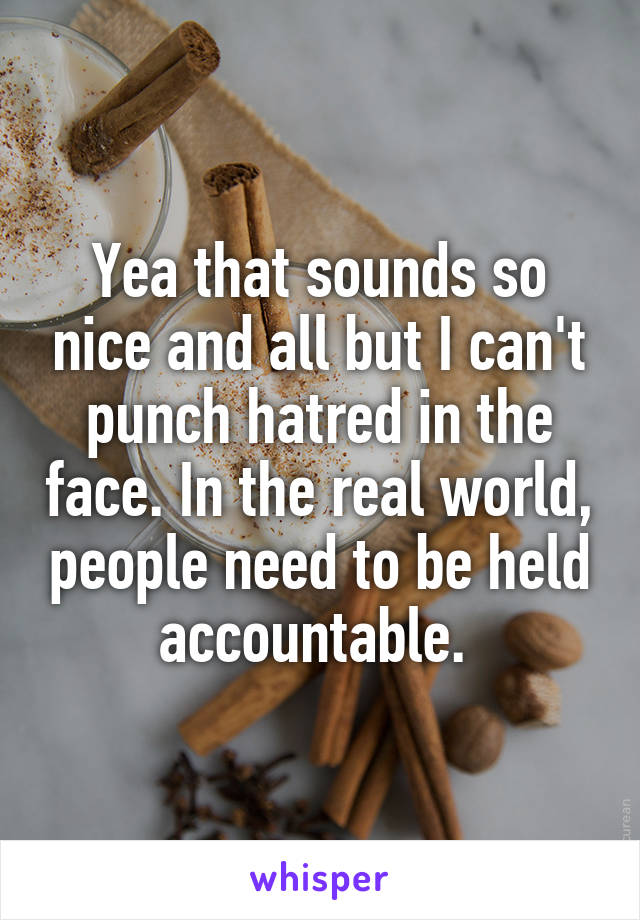 Yea that sounds so nice and all but I can't punch hatred in the face. In the real world, people need to be held accountable. 
