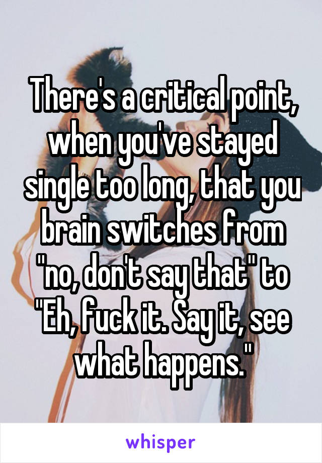 There's a critical point, when you've stayed single too long, that you brain switches from "no, don't say that" to "Eh, fuck it. Say it, see what happens."
