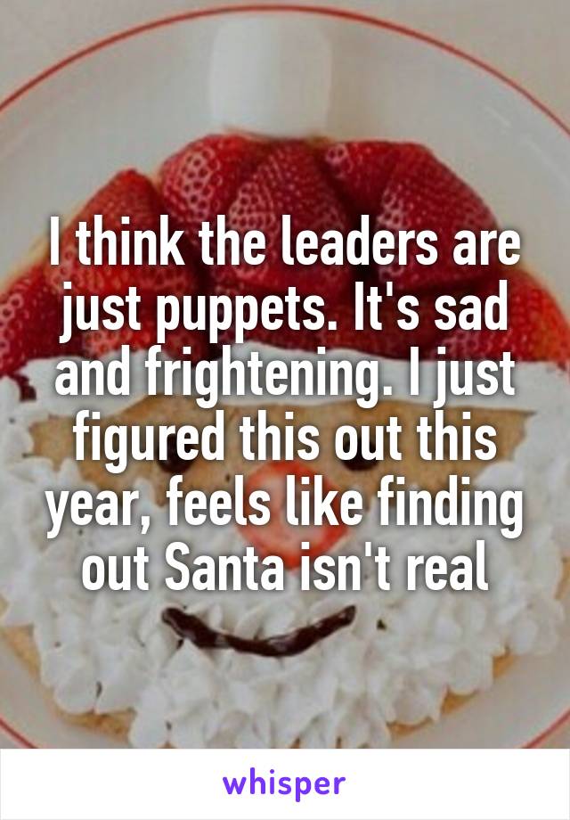 I think the leaders are just puppets. It's sad and frightening. I just figured this out this year, feels like finding out Santa isn't real