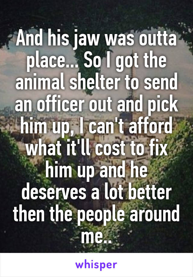 And his jaw was outta place... So I got the animal shelter to send an officer out and pick him up, I can't afford what it'll cost to fix him up and he deserves a lot better then the people around me..
