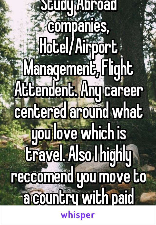 Study Abroad companies, Hotel/Airport Management, Flight Attendent. Any career centered around what you love which is travel. Also I highly reccomend you move to a country with paid leave laws
