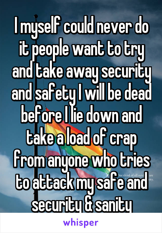 I myself could never do it people want to try and take away security and safety I will be dead before I lie down and take a load of crap from anyone who tries to attack my safe and security & sanity
