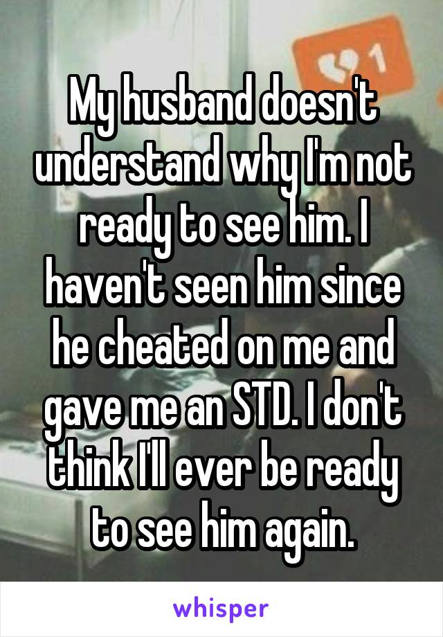 My husband doesn't understand why I'm not ready to see him. I haven't seen him since he cheated on me and gave me an STD. I don't think I'll ever be ready to see him again.