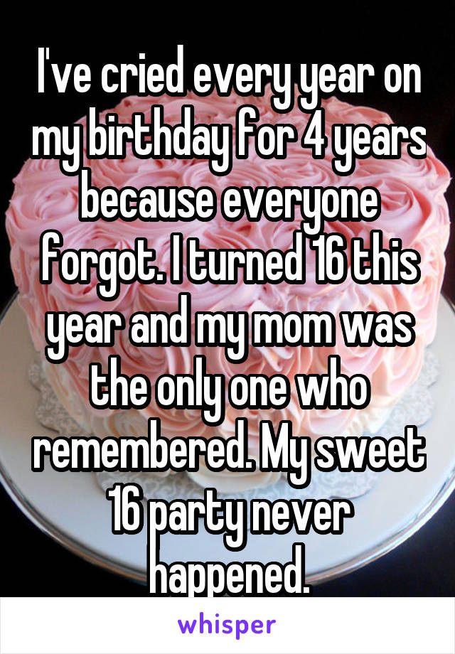 I've cried every year on my birthday for 4 years because everyone forgot. I turned 16 this year and my mom was the only one who remembered. My sweet 16 party never happened.