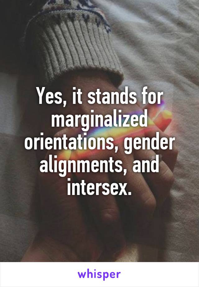 Yes, it stands for marginalized orientations, gender alignments, and intersex.