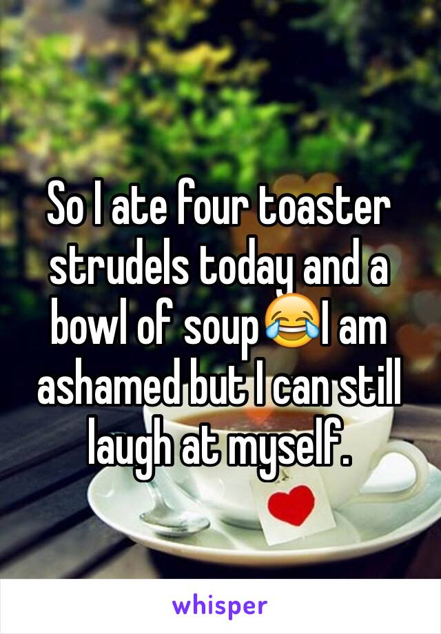 So I ate four toaster strudels today and a bowl of soup😂I am ashamed but I can still laugh at myself. 
