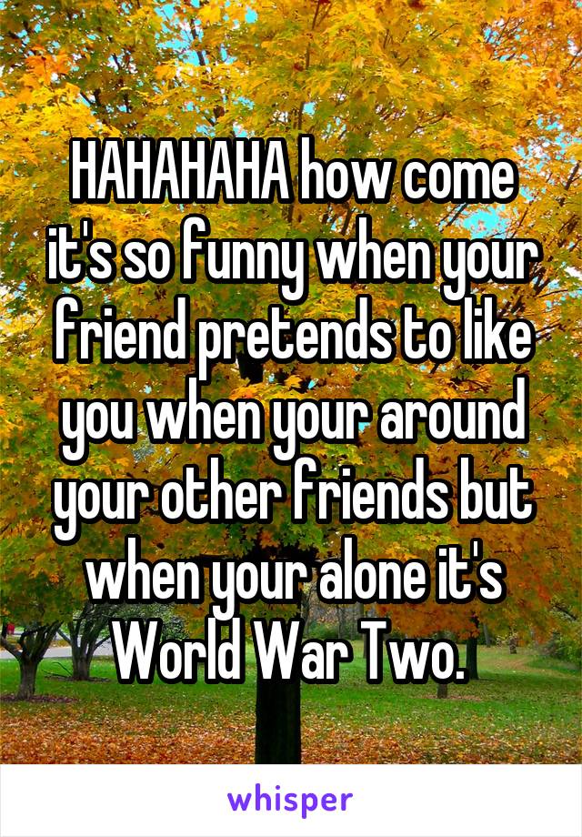 HAHAHAHA how come it's so funny when your friend pretends to like you when your around your other friends but when your alone it's World War Two. 