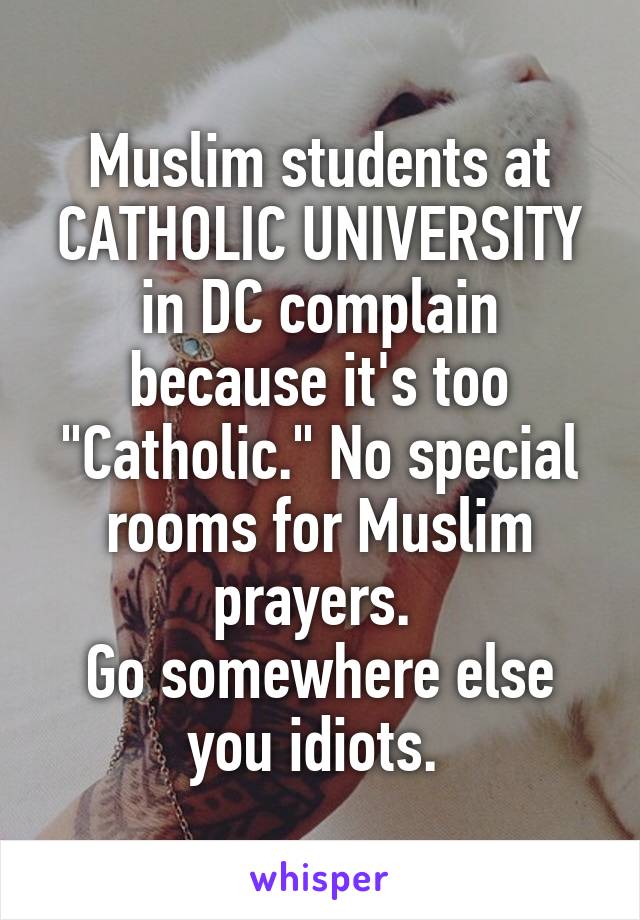 Muslim students at CATHOLIC UNIVERSITY in DC complain because it's too "Catholic." No special rooms for Muslim prayers. 
Go somewhere else you idiots. 