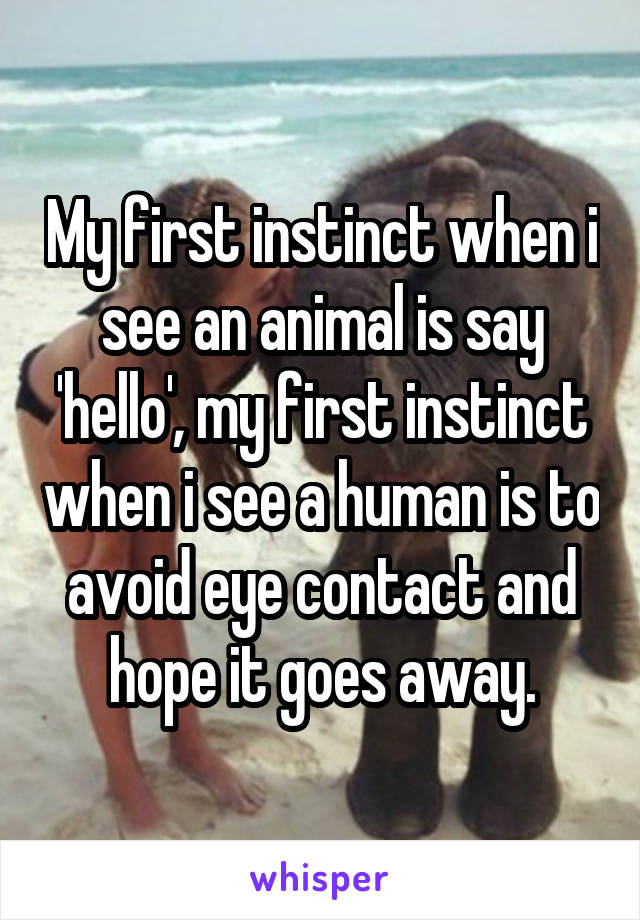 My first instinct when i see an animal is say 'hello', my first instinct when i see a human is to avoid eye contact and hope it goes away.