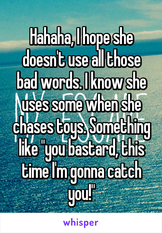 Hahaha, I hope she doesn't use all those bad words. I know she uses some when she chases toys. Something like "you bastard, this time I'm gonna catch you!"