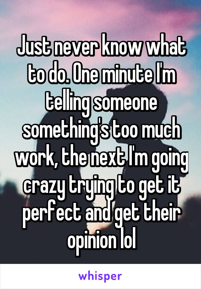 Just never know what to do. One minute I'm telling someone something's too much work, the next I'm going crazy trying to get it perfect and get their opinion lol