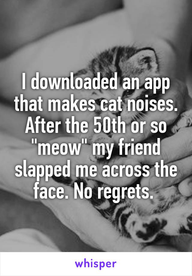 I downloaded an app that makes cat noises. After the 50th or so "meow" my friend slapped me across the face. No regrets. 