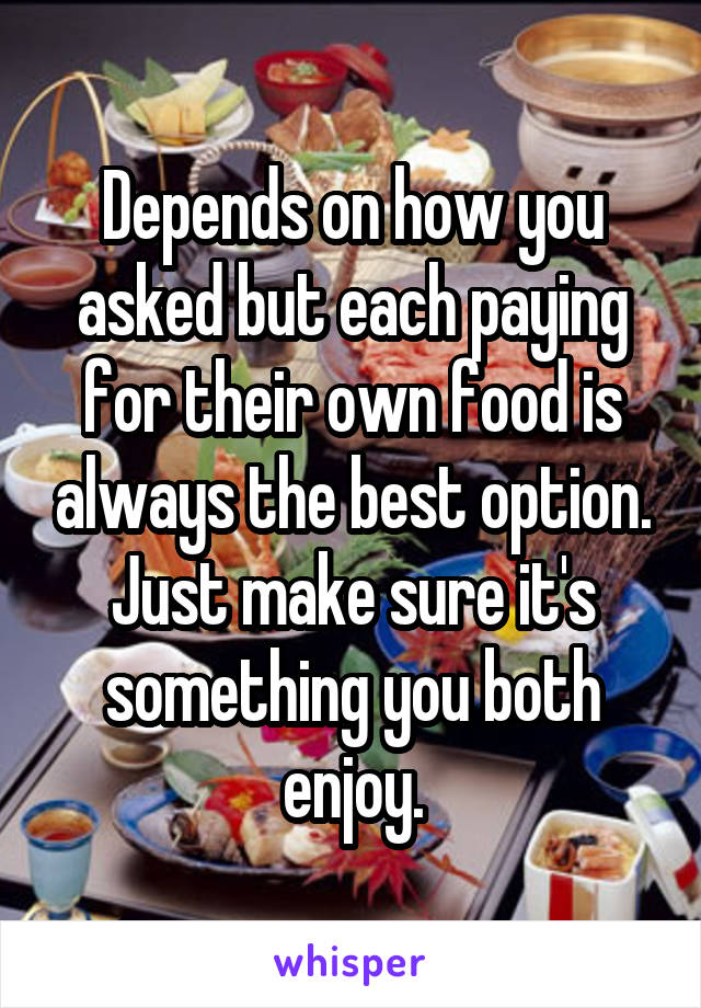 Depends on how you asked but each paying for their own food is always the best option. Just make sure it's something you both enjoy.