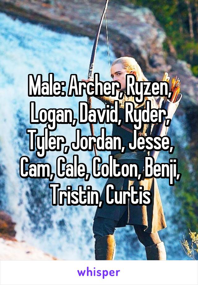 Male: Archer, Ryzen, Logan, David, Ryder, Tyler, Jordan, Jesse, Cam, Cale, Colton, Benji, Tristin, Curtis