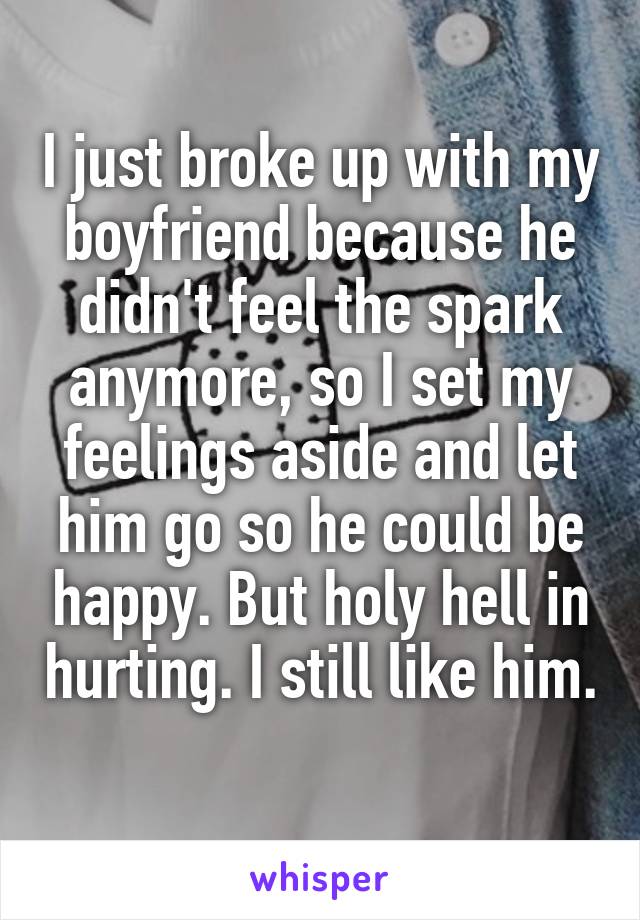 I just broke up with my boyfriend because he didn't feel the spark anymore, so I set my feelings aside and let him go so he could be happy. But holy hell in hurting. I still like him. 