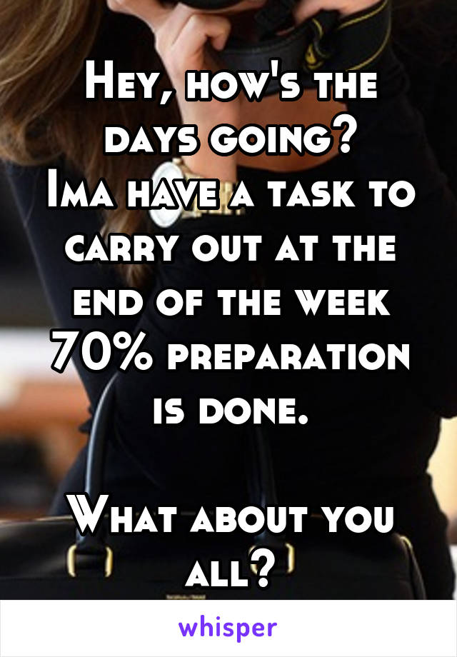 Hey, how's the days going?
Ima have a task to carry out at the end of the week 70% preparation is done.

What about you all?