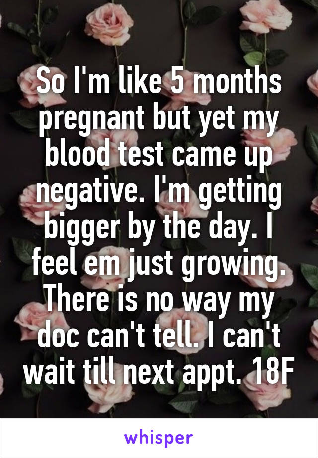 So I'm like 5 months pregnant but yet my blood test came up negative. I'm getting bigger by the day. I feel em just growing. There is no way my doc can't tell. I can't wait till next appt. 18F