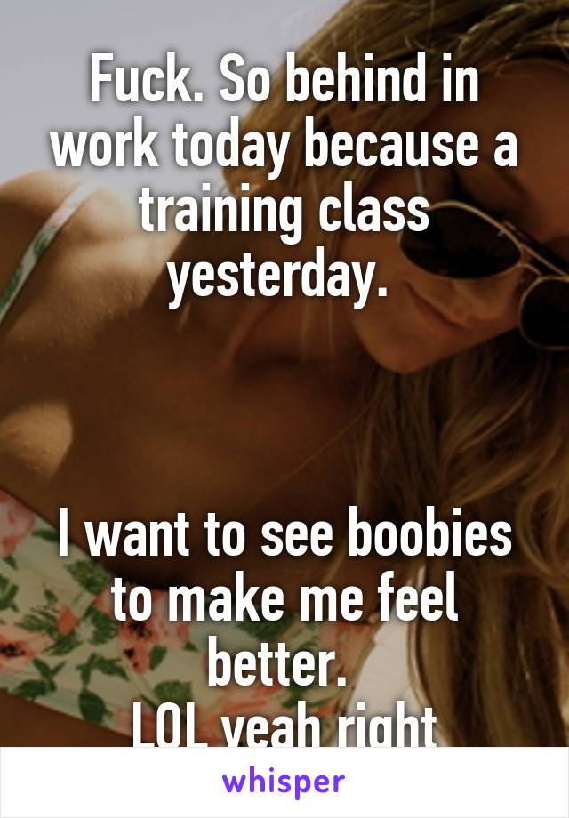 Fuck. So behind in work today because a training class yesterday. 



I want to see boobies to make me feel better. 
LOL yeah right