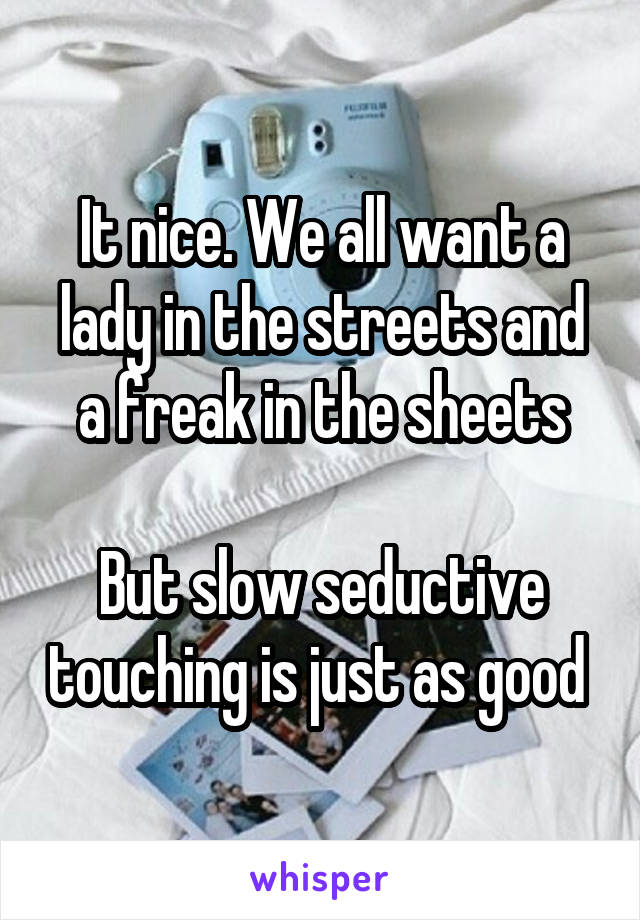 It nice. We all want a lady in the streets and a freak in the sheets

But slow seductive touching is just as good 