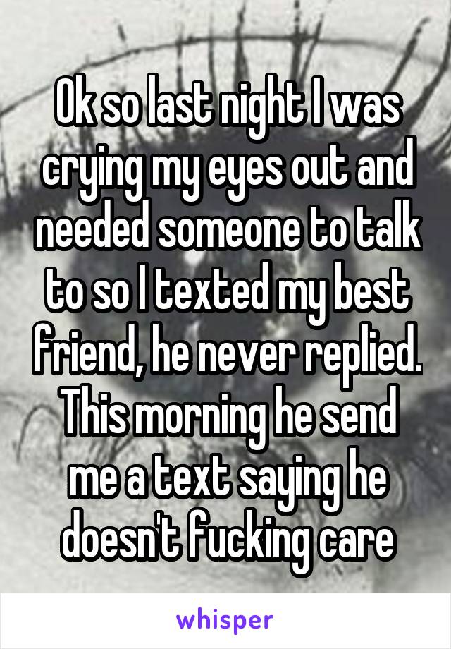 Ok so last night I was crying my eyes out and needed someone to talk to so I texted my best friend, he never replied. This morning he send me a text saying he doesn't fucking care