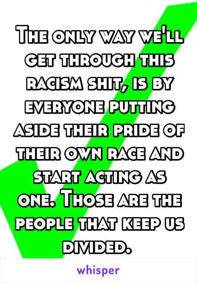 The only way we'll get through this racism shit, is by everyone putting aside their pride of their own race and start acting as one. Those are the people that keep us divided. 