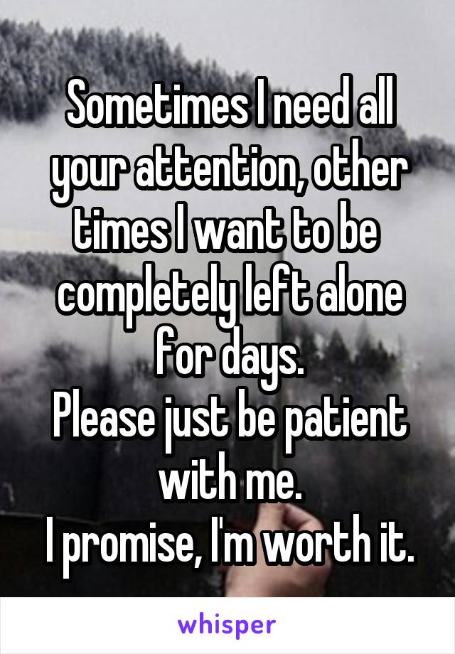 Sometimes I need all your attention, other times I want to be  completely left alone for days.
Please just be patient with me.
I promise, I'm worth it.