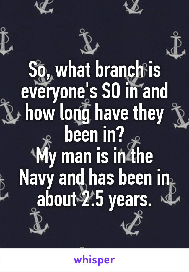 So, what branch is everyone's SO in and how long have they been in?
My man is in the Navy and has been in about 2.5 years.