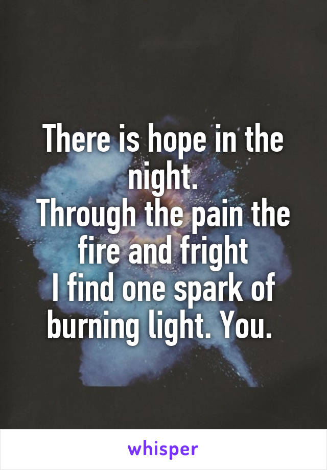 There is hope in the night.
Through the pain the fire and fright
I find one spark of burning light. You. 