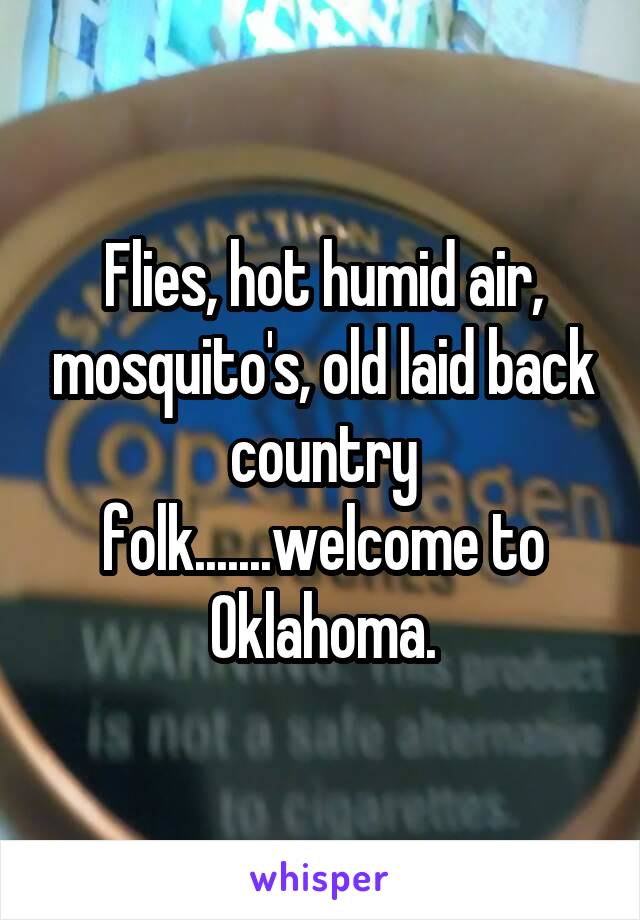 Flies, hot humid air, mosquito's, old laid back country folk.......welcome to Oklahoma.