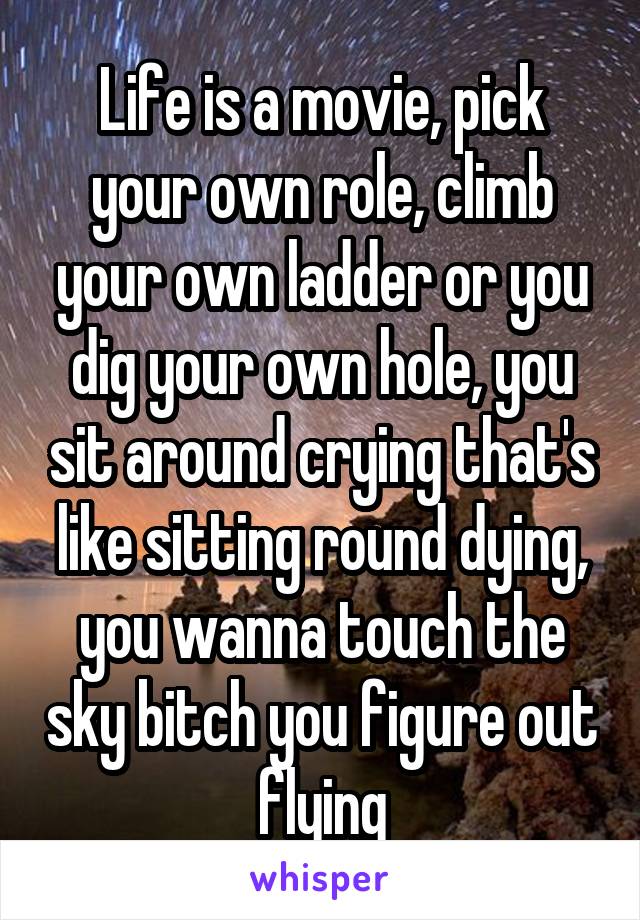 Life is a movie, pick your own role, climb your own ladder or you dig your own hole, you sit around crying that's like sitting round dying, you wanna touch the sky bitch you figure out flying