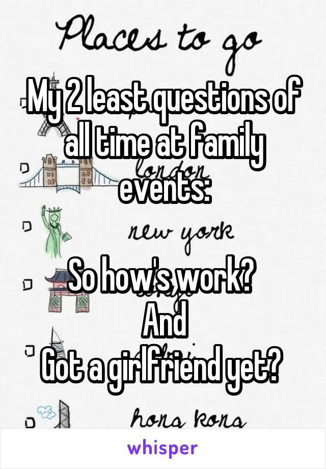 My 2 least questions of all time at family events:

So how's work? 
And
Got a girlfriend yet? 