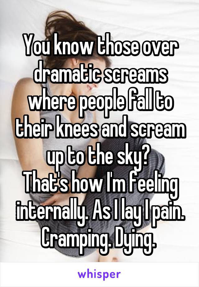 You know those over dramatic screams where people fall to their knees and scream up to the sky? 
That's how I'm feeling internally. As I lay I pain. Cramping. Dying. 