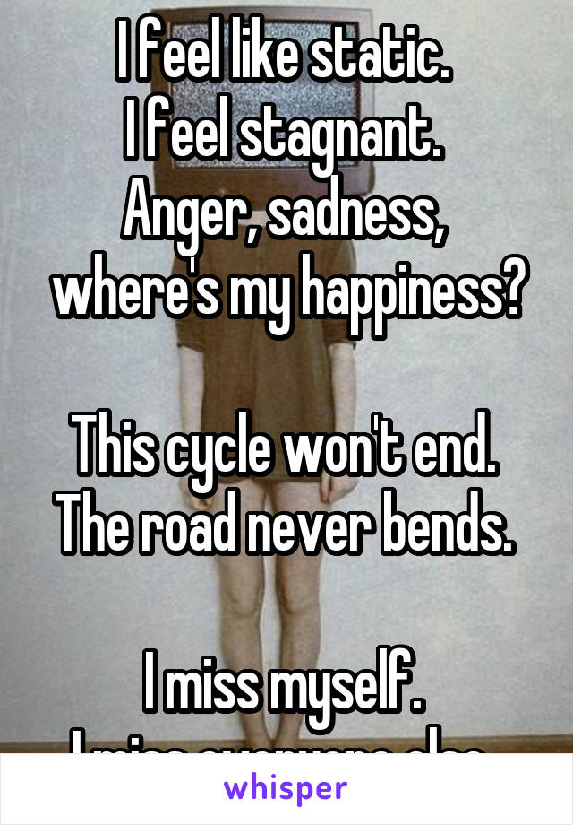 I feel like static. 
I feel stagnant. 
Anger, sadness, 
where's my happiness? 
This cycle won't end. 
The road never bends.  
I miss myself. 
I miss everyone else. 