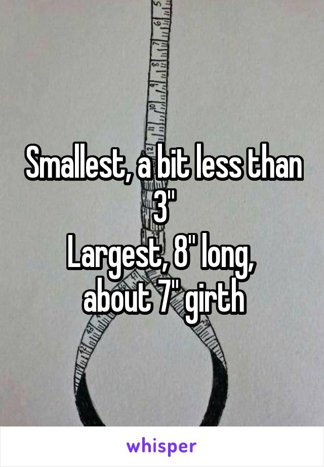 Smallest, a bit less than 3"
Largest, 8" long, 
about 7" girth