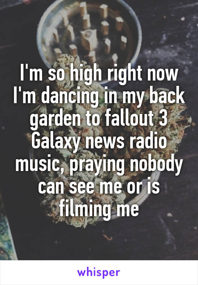 I'm so high right now I'm dancing in my back garden to fallout 3 Galaxy news radio music, praying nobody can see me or is filming me