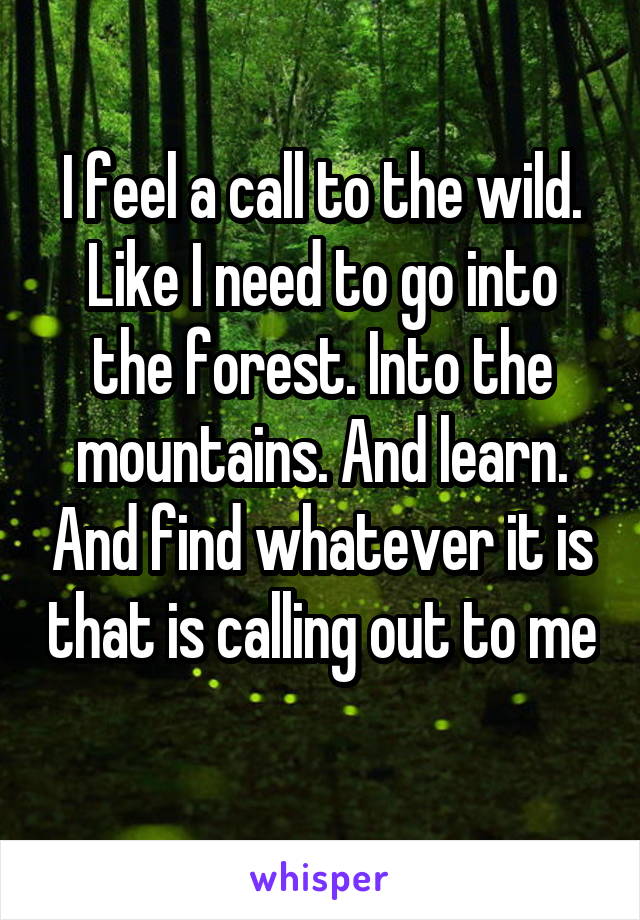 I feel a call to the wild. Like I need to go into the forest. Into the mountains. And learn. And find whatever it is that is calling out to me 