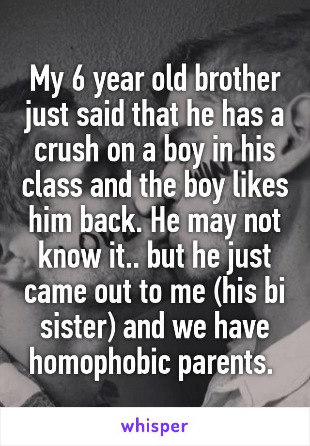 My 6 year old brother just said that he has a crush on a boy in his class and the boy likes him back. He may not know it.. but he just came out to me (his bi sister) and we have homophobic parents. 