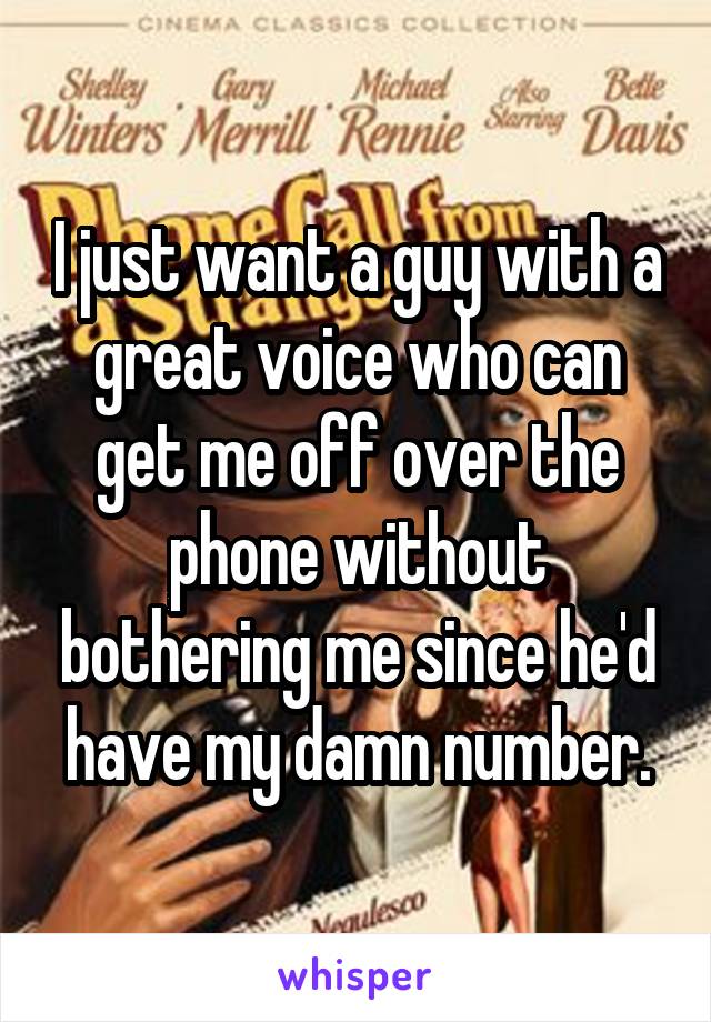 I just want a guy with a great voice who can get me off over the phone without bothering me since he'd have my damn number.