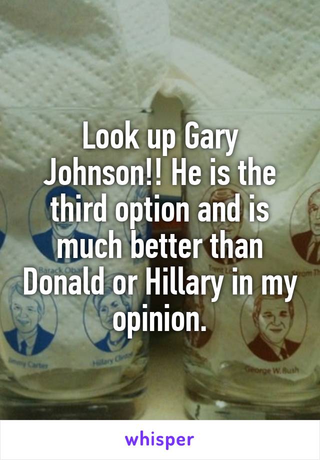 Look up Gary Johnson!! He is the third option and is much better than Donald or Hillary in my opinion.