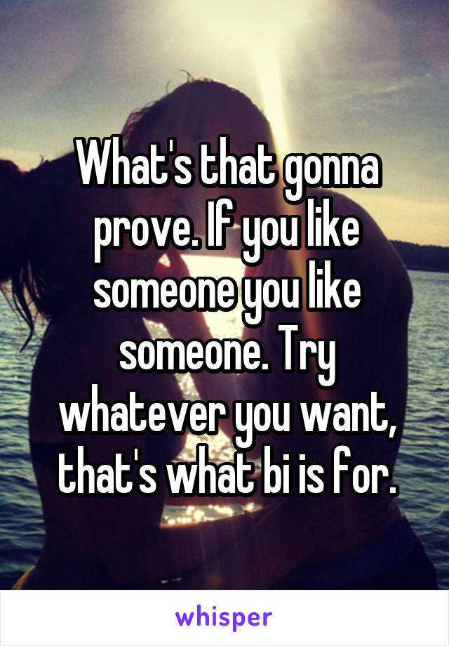 What's that gonna prove. If you like someone you like someone. Try whatever you want, that's what bi is for.