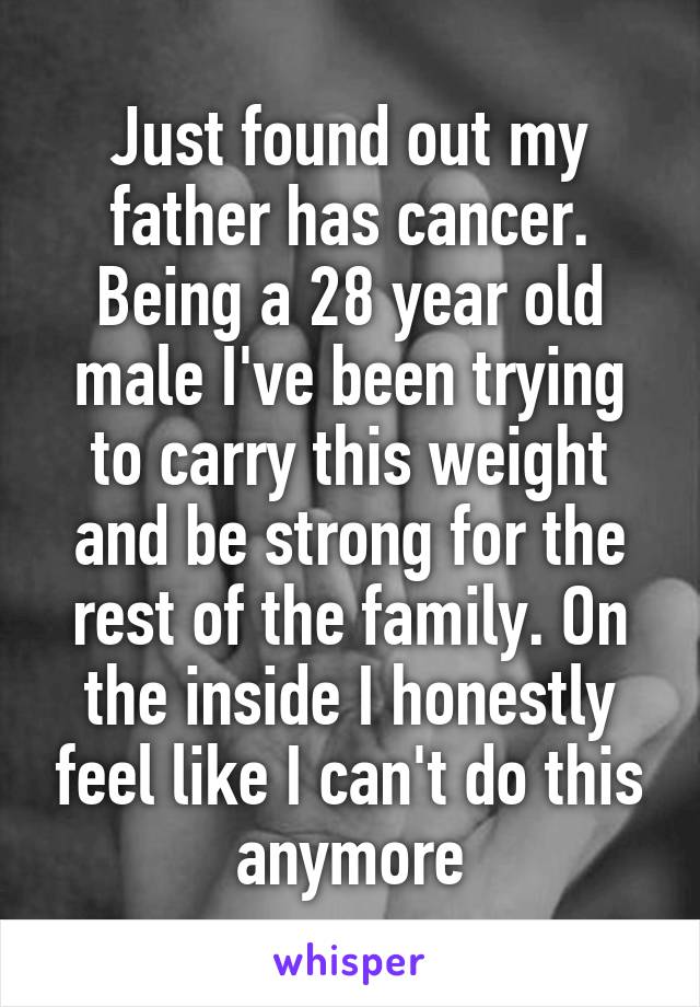 Just found out my father has cancer. Being a 28 year old male I've been trying to carry this weight and be strong for the rest of the family. On the inside I honestly feel like I can't do this anymore