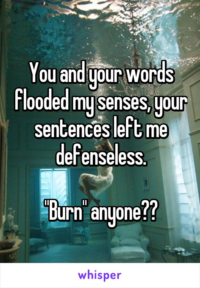 You and your words flooded my senses, your sentences left me defenseless.

"Burn" anyone??